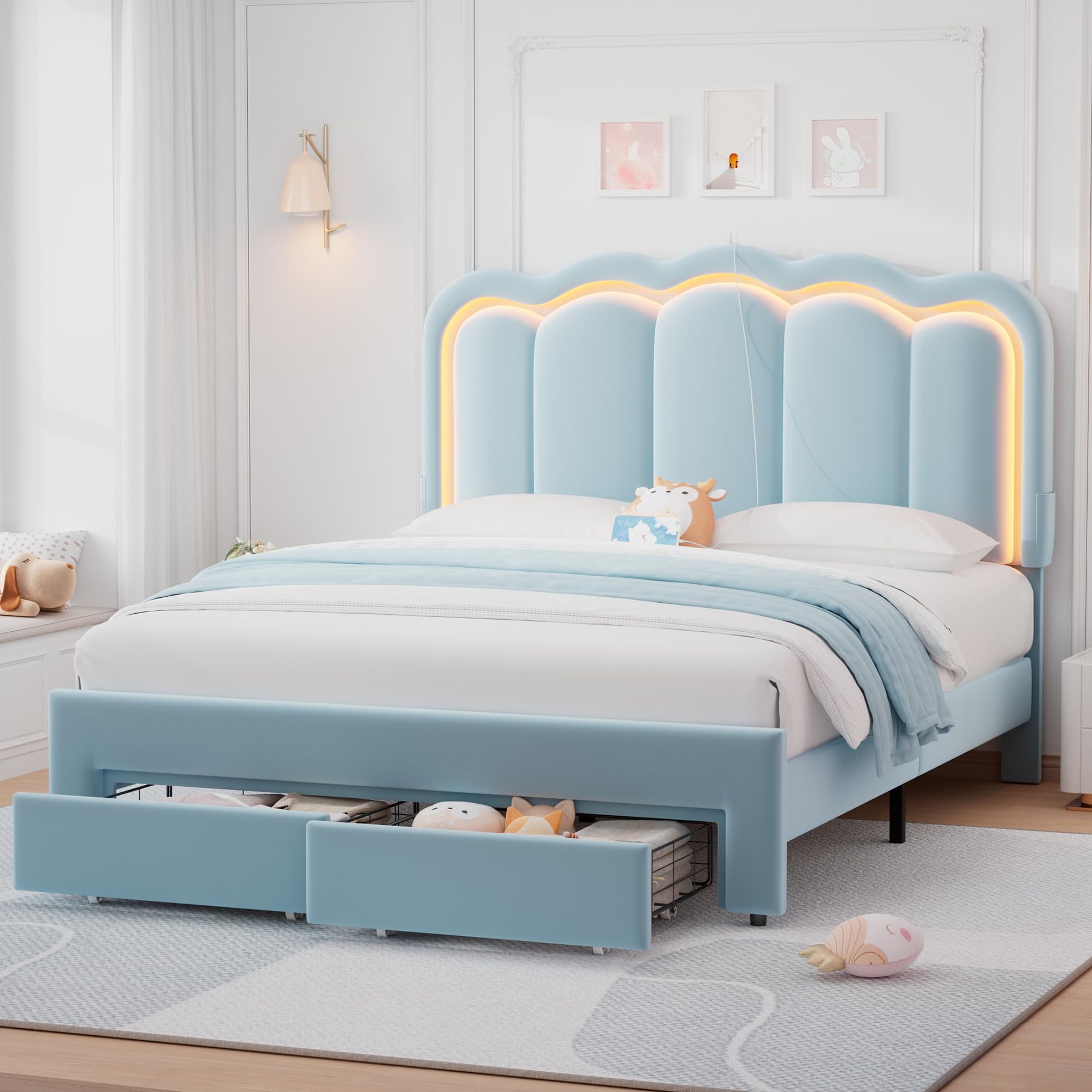 Photo 1 of Queen Upholstered LED Bed Frame with 2 Storage Drawers and Adjustable Chic Double Wavy Headboard, Velvet Princess Platform Bed with Charing Station, Solid Wood Slats Support,No Box Spring Needed,Blue