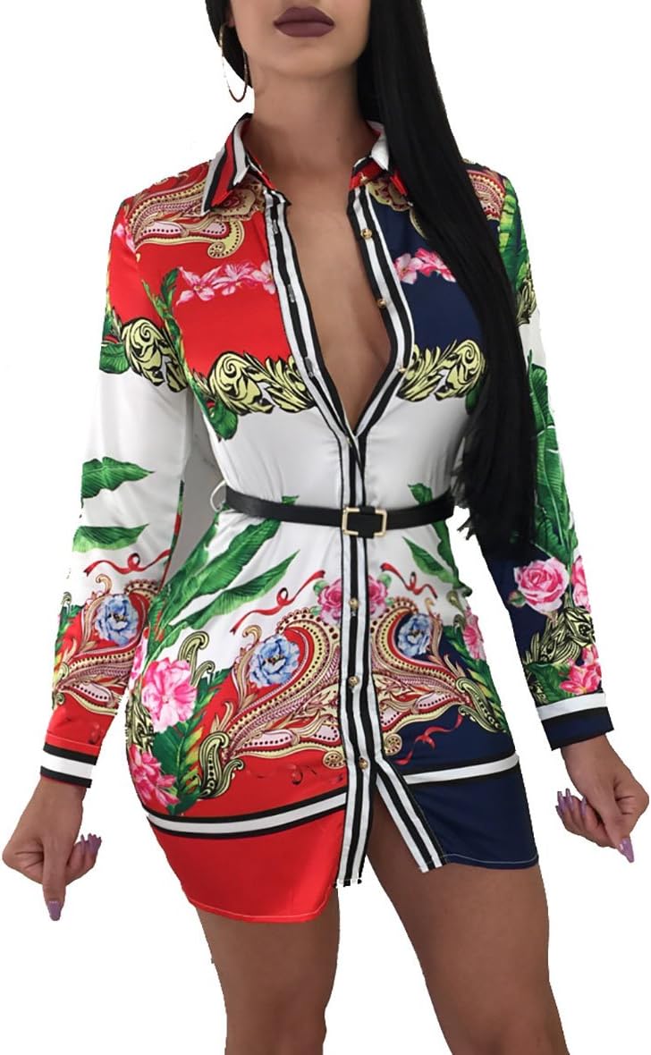 Misschicy Womens Long Sleeve Button Down Shirt Mini Dresses Digital Graffiti Print Club Party Dress