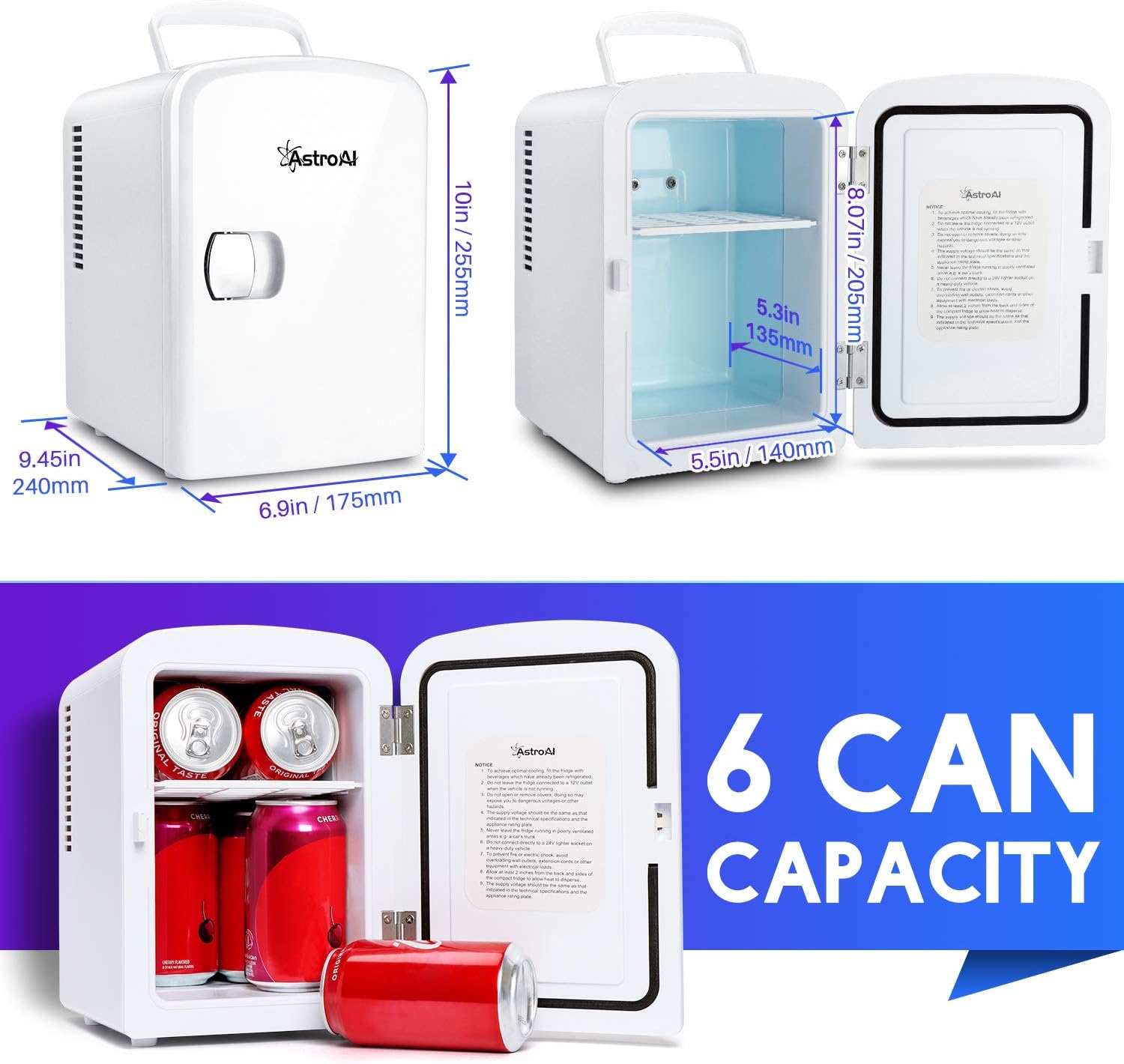 AstroAI Mini Fridge 4 Liter/6 Can AC/DC Portable Thermoelectric Cooler and Warmer for Skincare, Foods, Medications, Home and Travel, White: Automotive