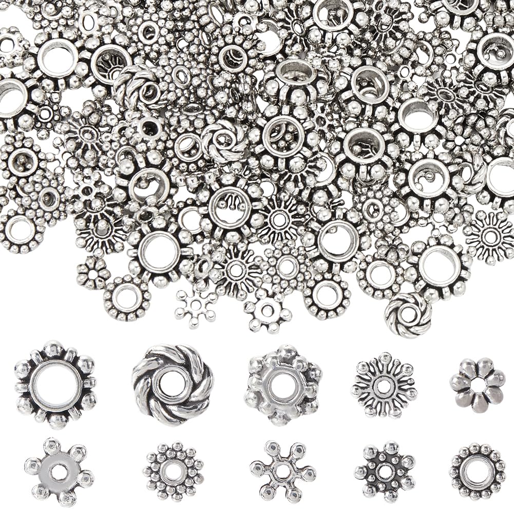 SOFPLATE 1 Box 400Pcs 10 Styles Tibetan Silver Spacer Beads 6mm Flower Spacer Bead Bulk Antique Alloy Mini Metal Snowflake Charms Loose Bead Spacers for Jewellery Making Bracelets Earrings DIY Crafts