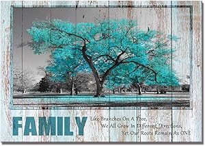 Visual Art Decor Sweet Home Rustic Teal Family Tree Quote Canvas Prints Poster Framed and Stretched Green Picture Love Rules Home Living Room Dining Room Decoration (01, 28x40)