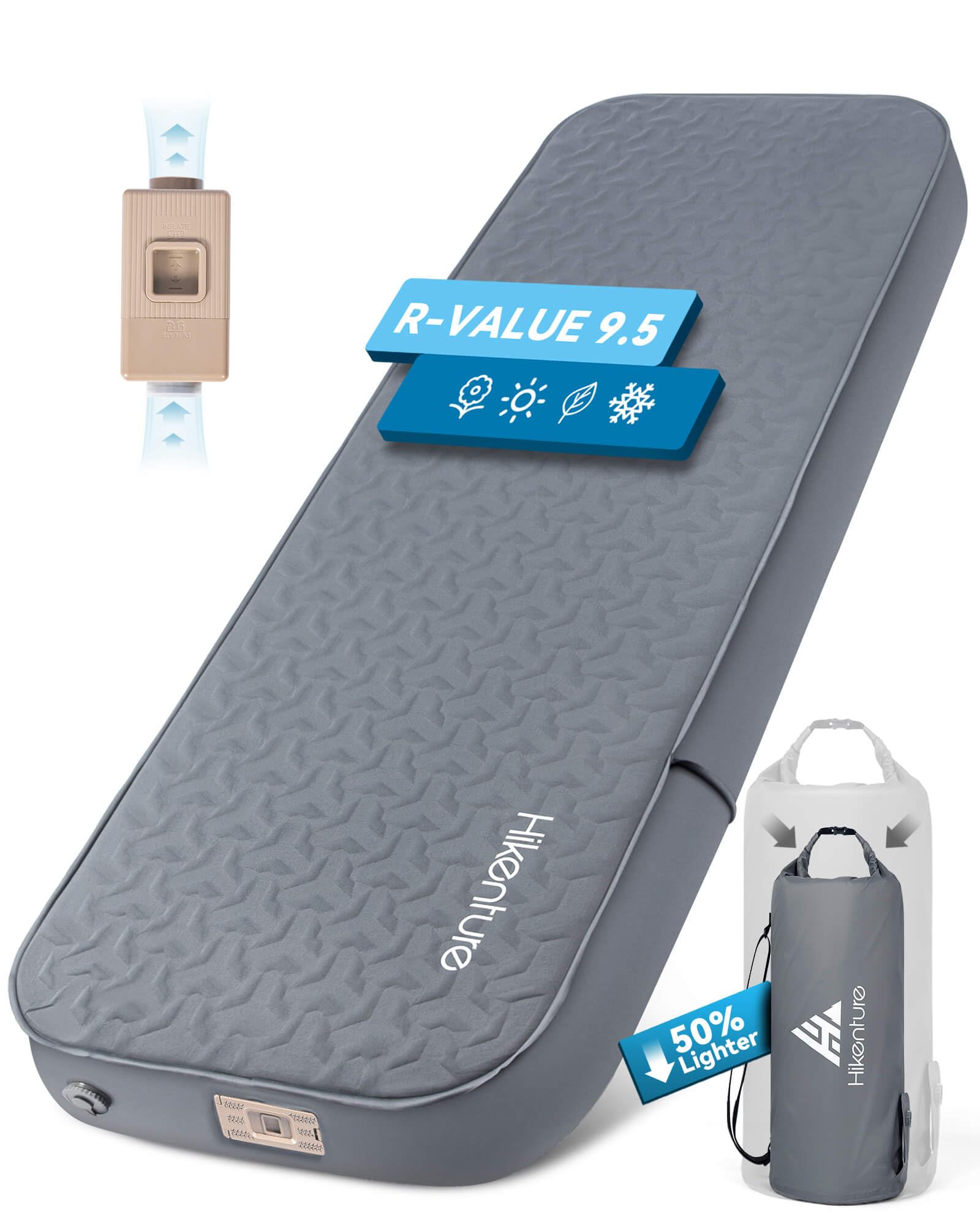 Photo 1 of Hikenture 4" Thick Self Inflating Sleeping Pad with Electric Pump, Foam & Air Camping Mattress, 9.5 R-Value Insulated Sleeping Mat, Portable All Season Camping Pad for Tent, Car, Cot