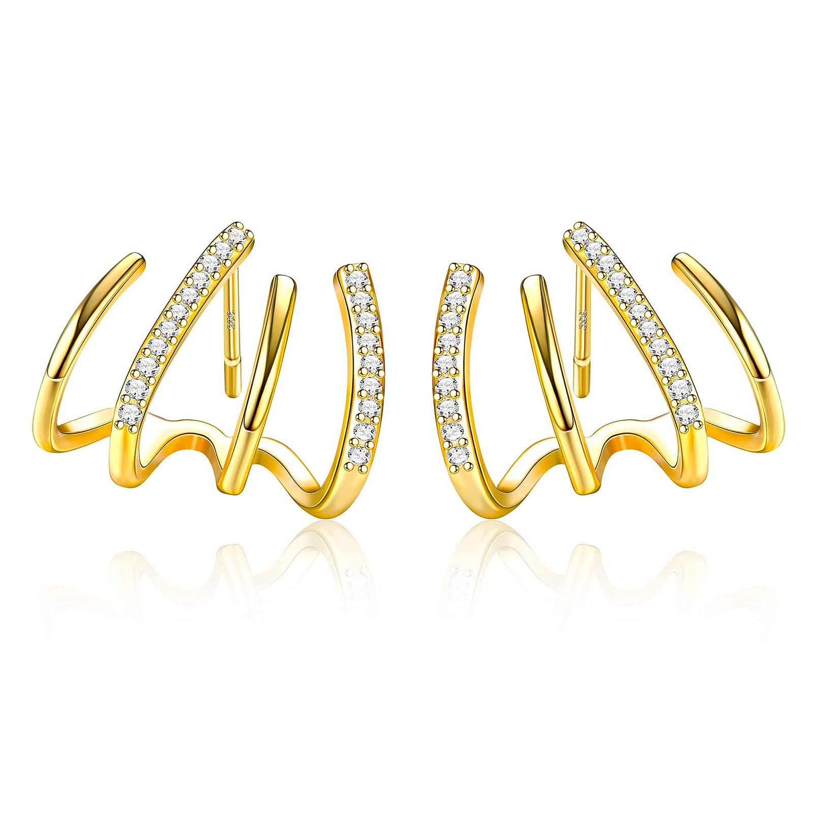 18k Gold Plated Ear Cuff Earrings for Women Claw Earrings Gold Studs Earring for Women Cubic Zirconia Diamond Hypoallergenic Ear Piercing Earring 4 Prong Wrap Earings for Girls