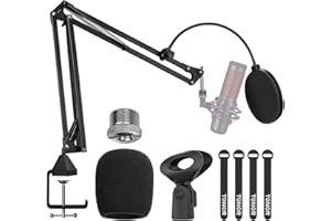 TONOR Microphone Arm Stand, Adjustable Suspension Boom Scissor Mic Stand with Pop Filter, 3/8" to 5/8" Adapter, Mic Clip, Upg