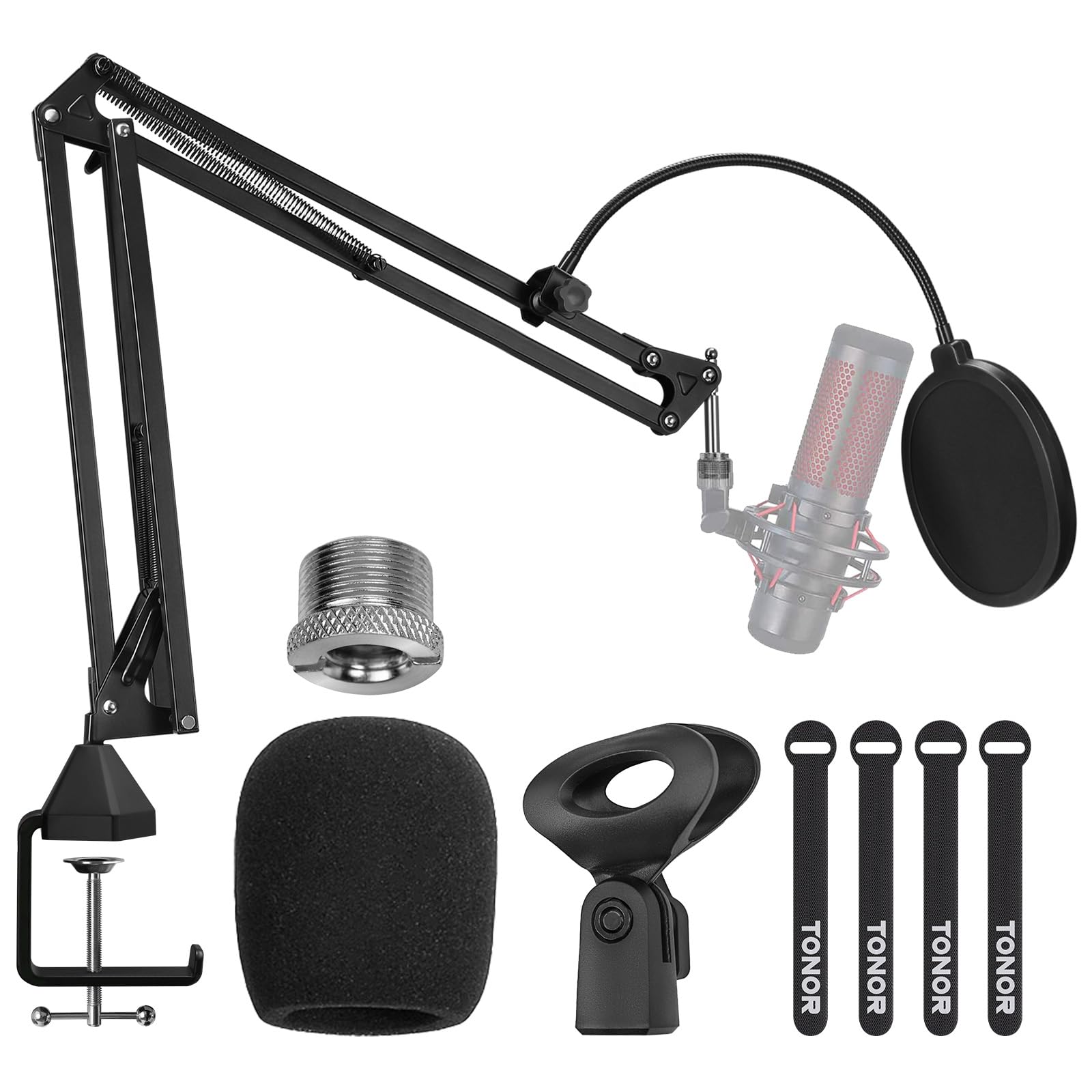 TONOR Microphone Arm Stand, Adjustable Suspension Boom Scissor Mic Stand with Pop Filter, 3/8" to 5/8" Adapter, Excellent Compatibility, Mic Clip, Upgraded Heavy Duty Clamp, 35 cm +35 cm, T20
