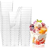 Hiasobre 30Pack 5oz Square Plastic Dessert Cups with Spoons, Reusable Clear Parfait Appetizer Cups, Mini Party Trifle Shooter Serving Cup, Dessert Shot Glasses for Tasting