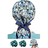 Plifal 100% Cotton Scrub Cap with Buttons & Sweatband - Adjustable Surgical Cap Working Hat, 2 Scrunchies for Nurse Long Hair