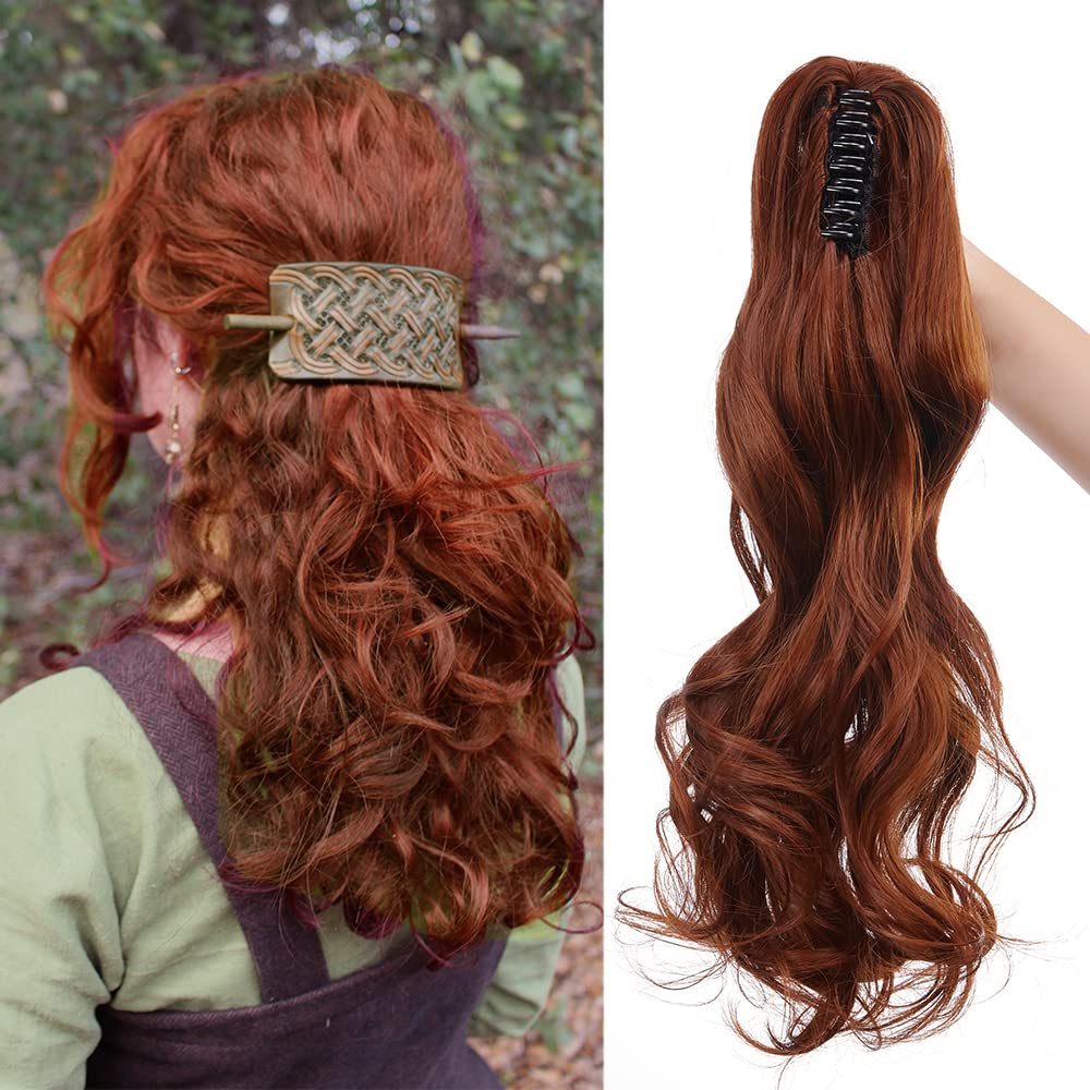 Claw On Ponytail Extension Matte Material 18 Inch/45cm Curly Wavy Clip In Pony tail Synthetic Hairpiece, Light Auburn