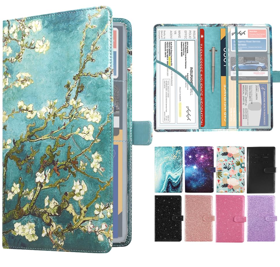 DMLuna Car Registration and Insurance Holder, Leather Vehicle Card Document Glove Box Organizer, Auto Truck Compartment Accessories for Essential Information, Driver License Cards, Almond Blossom