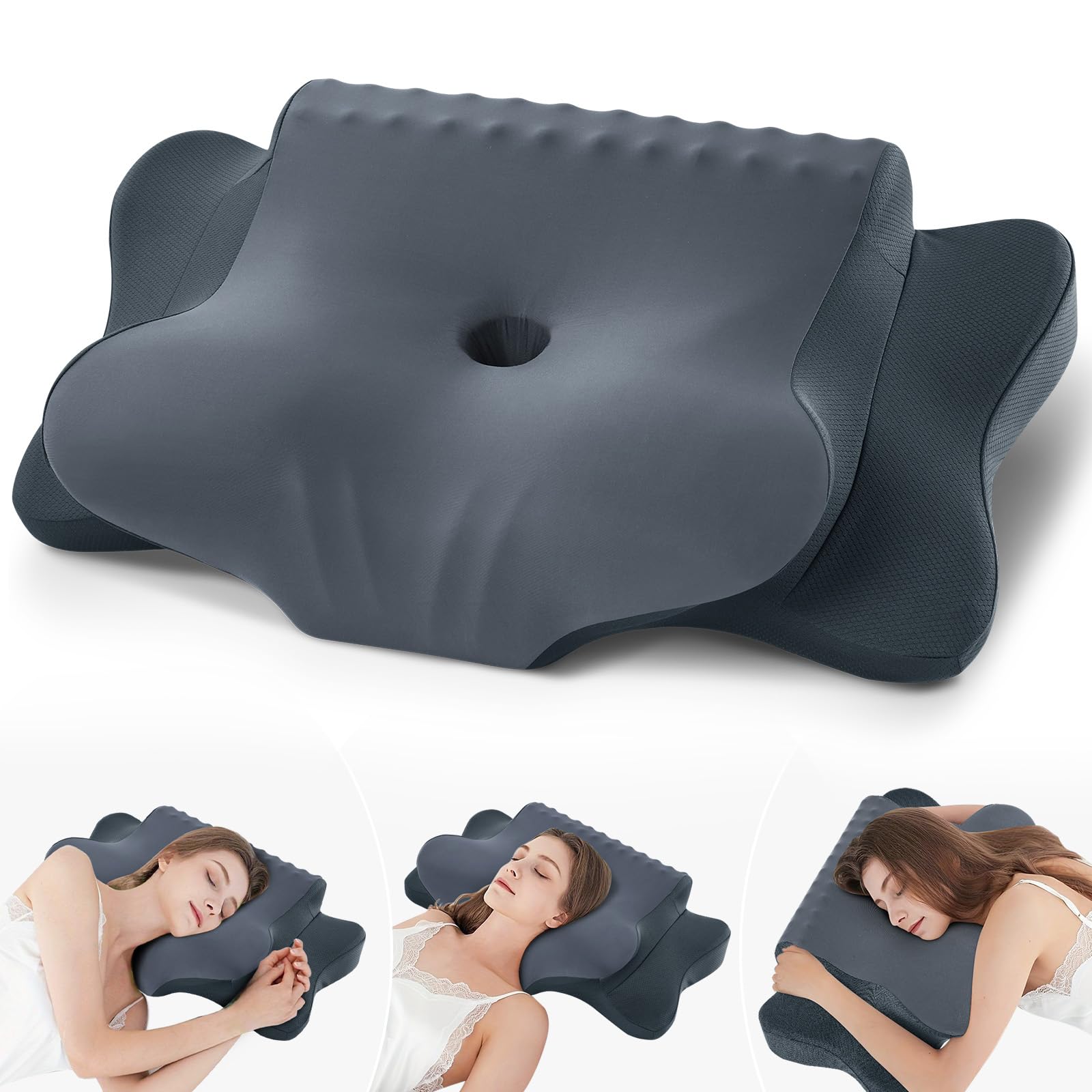 Photo 1 of Cervical Pillow for Neck Pain Relief - Cooling Ergonomic Dual-Sided Orthopedic Neck Pillow with Ice Silk Pillowcase, Breathable Memory Foam Contour Pillow for Side, Back, Stomach Sleepers