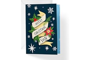 1Up Greetings Christmas Card for Son | Xmas Scroll | Your Purchase Helps Animals In Need | 5”x7.5” | Individual Christmas Card + Envelope | Small Woman Owned Business | Made in USA | XMASSON2