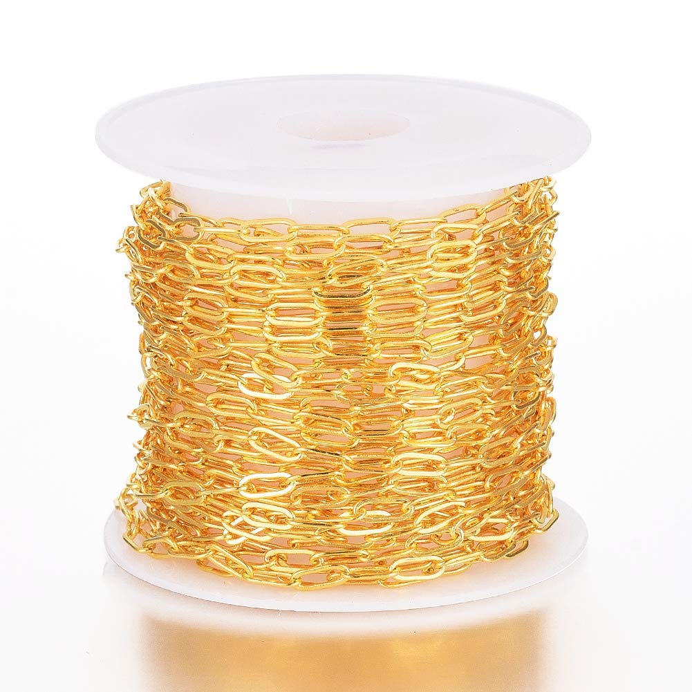 Beadthoven 16.4Ft Gold Plated Brass Paperclip Link Chains 6x2.6mm Flat Oval Soldered Drawn Elongated Cable Chains with Spool for Bracelet Anklets Choker Jewelry Making