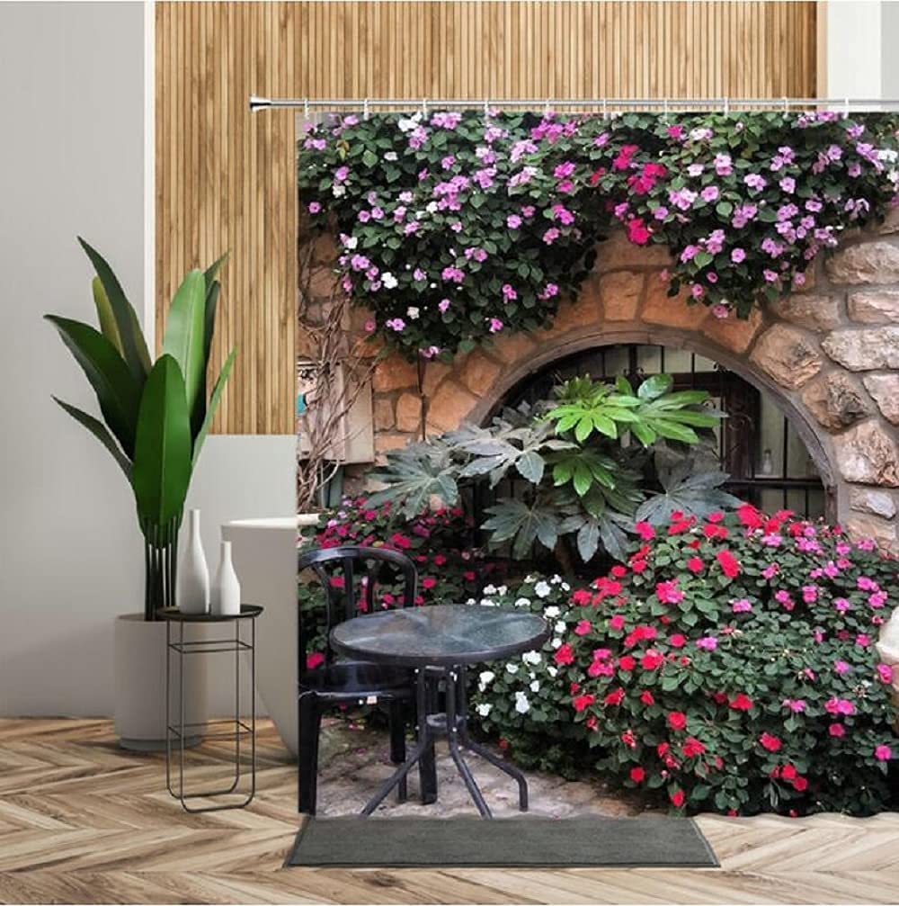 JIANGLANY Beautiful Scenery Garden Red Flowers on Stone Wall Green Plants Arch Window 3D Shower Curtain and Window Bathroom Decor Fabric with Hook 80x80 inches