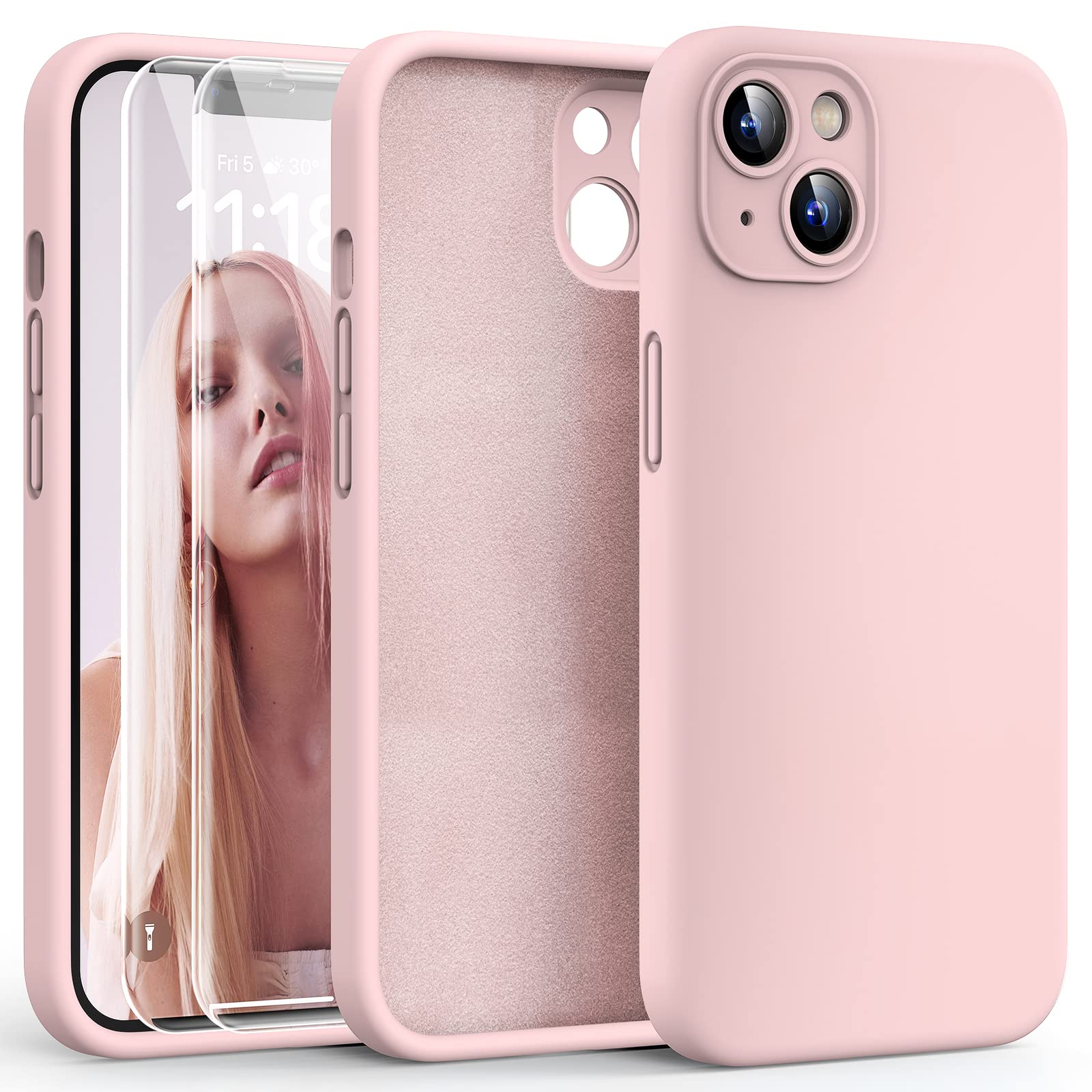 HATOSHI 3 in 1 for iPhone 13 Case, with 2 Pack HD Screen Protector, [Upgraded Full Camera Protection] Liquid Silicone Silky-Soft Touch Slim Shockproof [Anti-Scratch] [Multi-Color] 6.1 inch, Pink — image 1