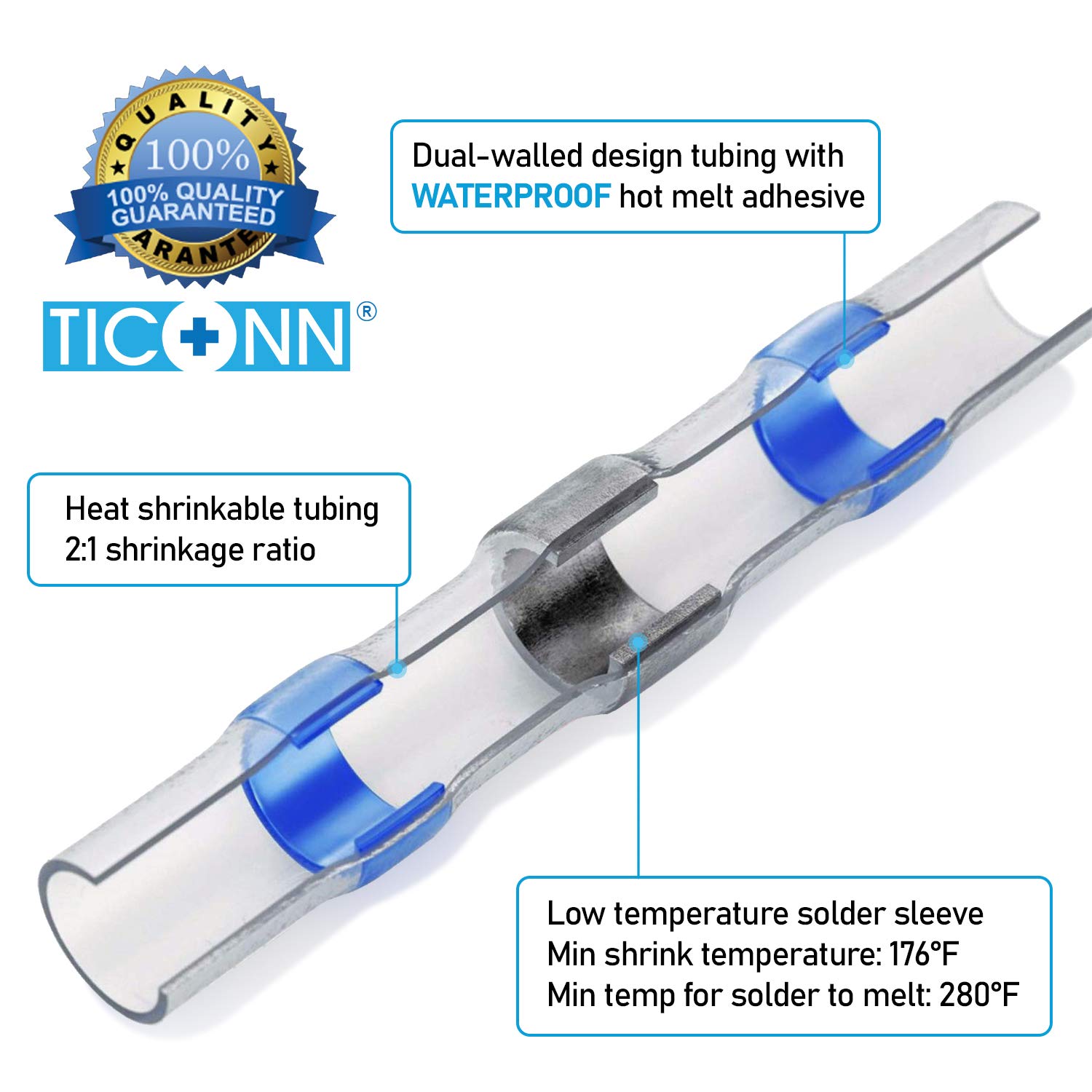 TICONN 150 PCS Solder Seal Wire Connectors, Heat Shrink Butt Connectors, Waterproof and Insulated Electrical Wire Terminals, Butt Splice (150PCS): Automotive