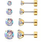 limerencia 4 Pairs G23 Hypoallergenic Flat Back Titanium Earrings Set for Women Men,20G 3-6mm Screw Back Cubic Zirconia Studs Cartilage Earrings for Sensitive Ears