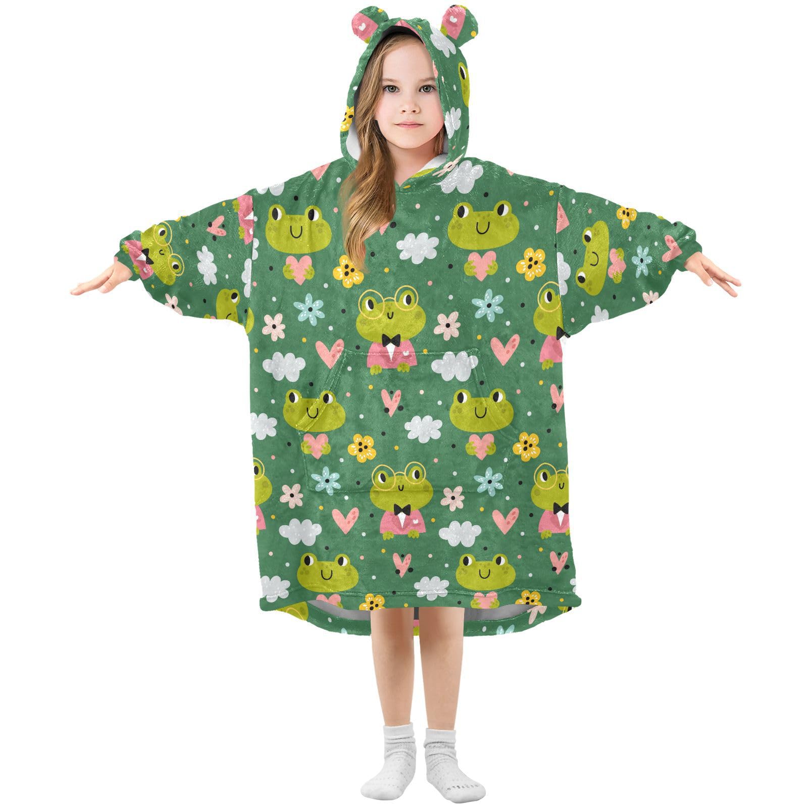 Oversized Blanket Hoodie for Kids Adult Girls Boys, Fleece Hoodie Blanket Funny Frogs Super Warm Plush Wearable Blanket Hoodie Sweatshirt with Roomy Pocket, Medium