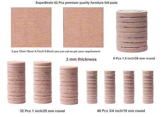 SuperBesto Furniture Felt Pads 82PCS Self Sticking Round Floor Protective, Heavy Duty Furniture Legs Guard Non-Skid Non Slip Noise Reduction Bumpers pad