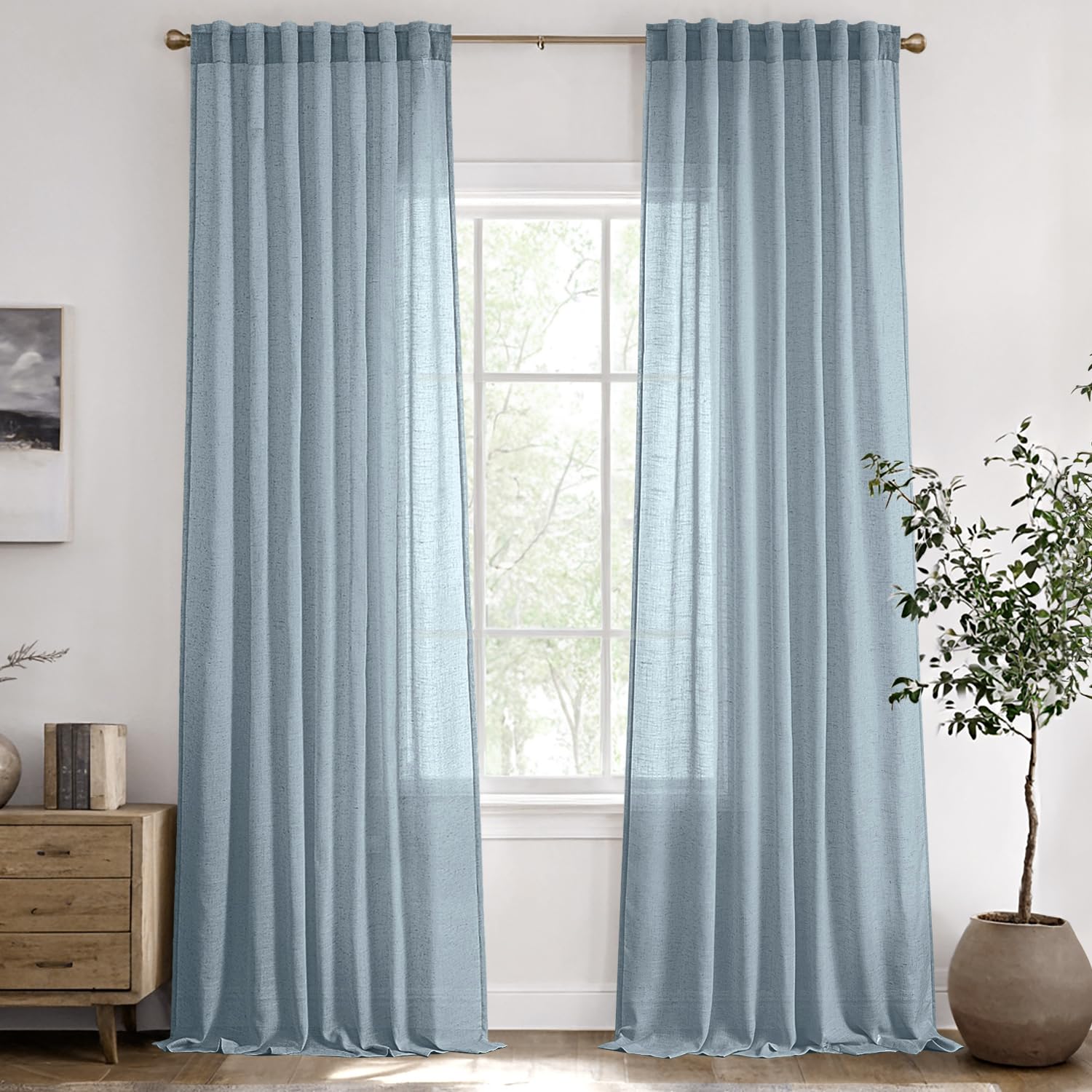 Photo 1 of ANRODUO Blue Linen Curtains 102 Inches Long 2 Panels Back Tab Dusty Blue Neutral Rustic Farmhouse Drapes Extra Long Linen Blend Light Filtering Semi Sheer Linen Curtain for Living Dinning Room Bedroom