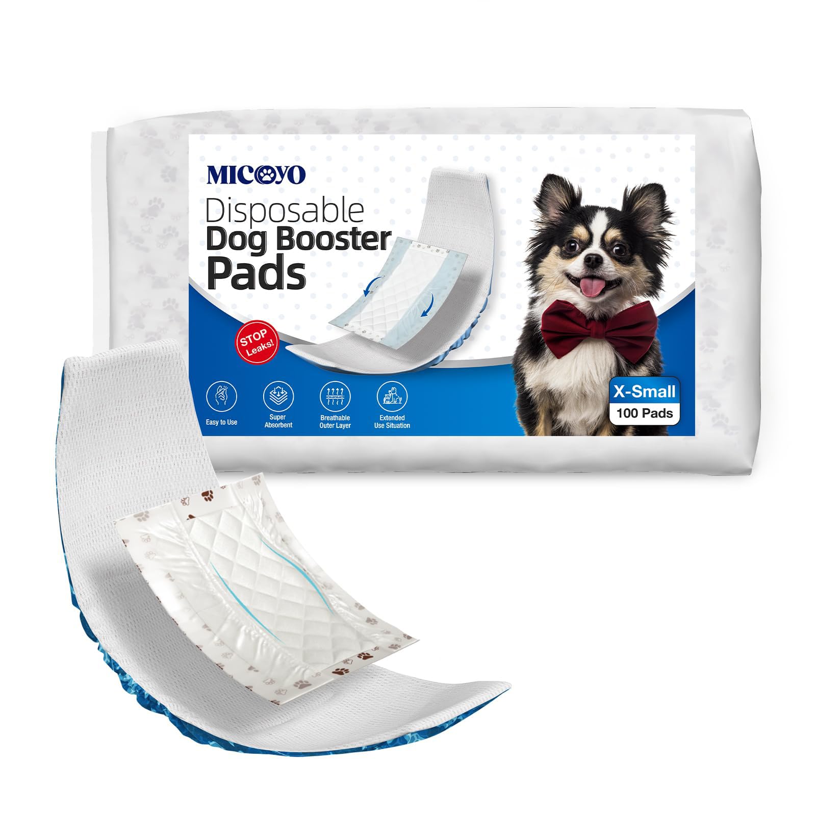 MICOOYO Disposable Dog Diaper Liners, Dog Booster Pads for Male Female Dogs, Super Absorbent Period Dog Inserts Pads for Nappies Pants(Dual Side Leakproof)(XS-100)