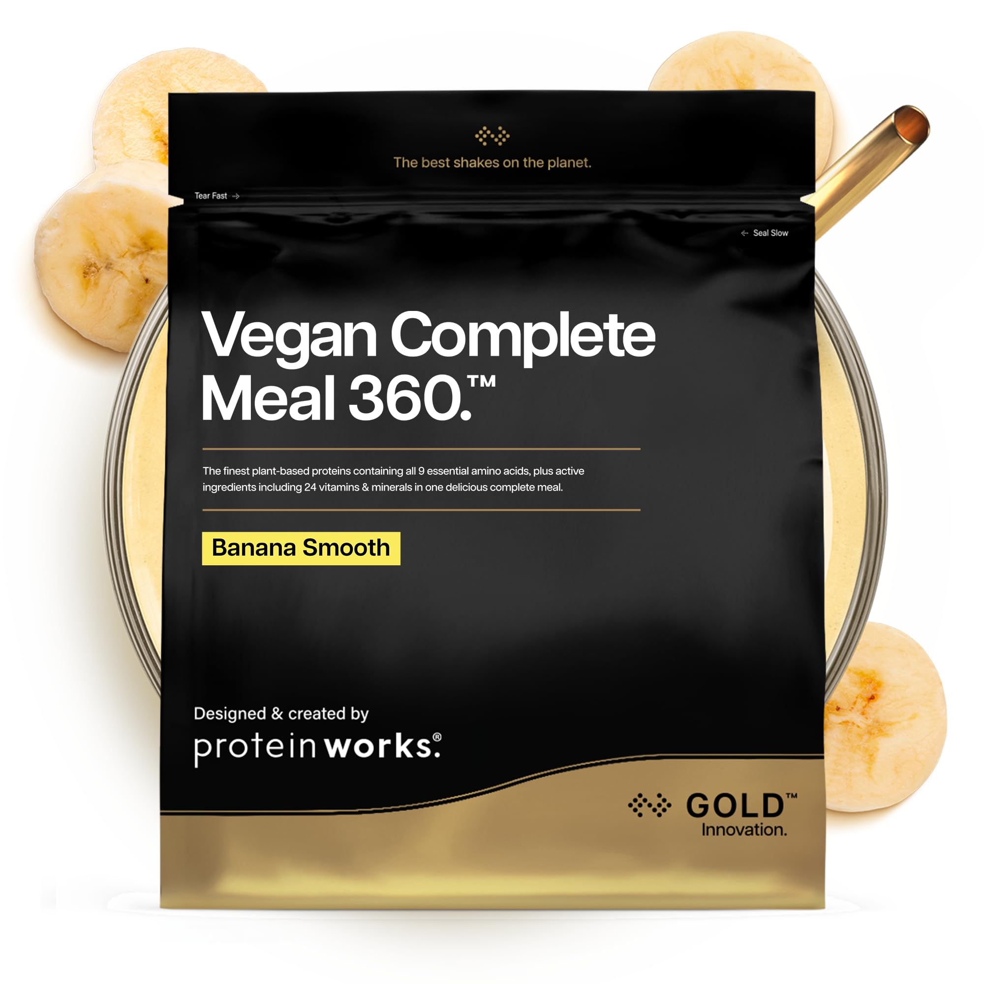 Protein Works | Vegan Complete Meal 360 - GOLD Innovation, Award-Winning Vegan Protein Meal Replacement Shake, Premium Plant-Based Ingredients, Vitamins & Minerals, Banana Smooth, 5 Meals, 500g
