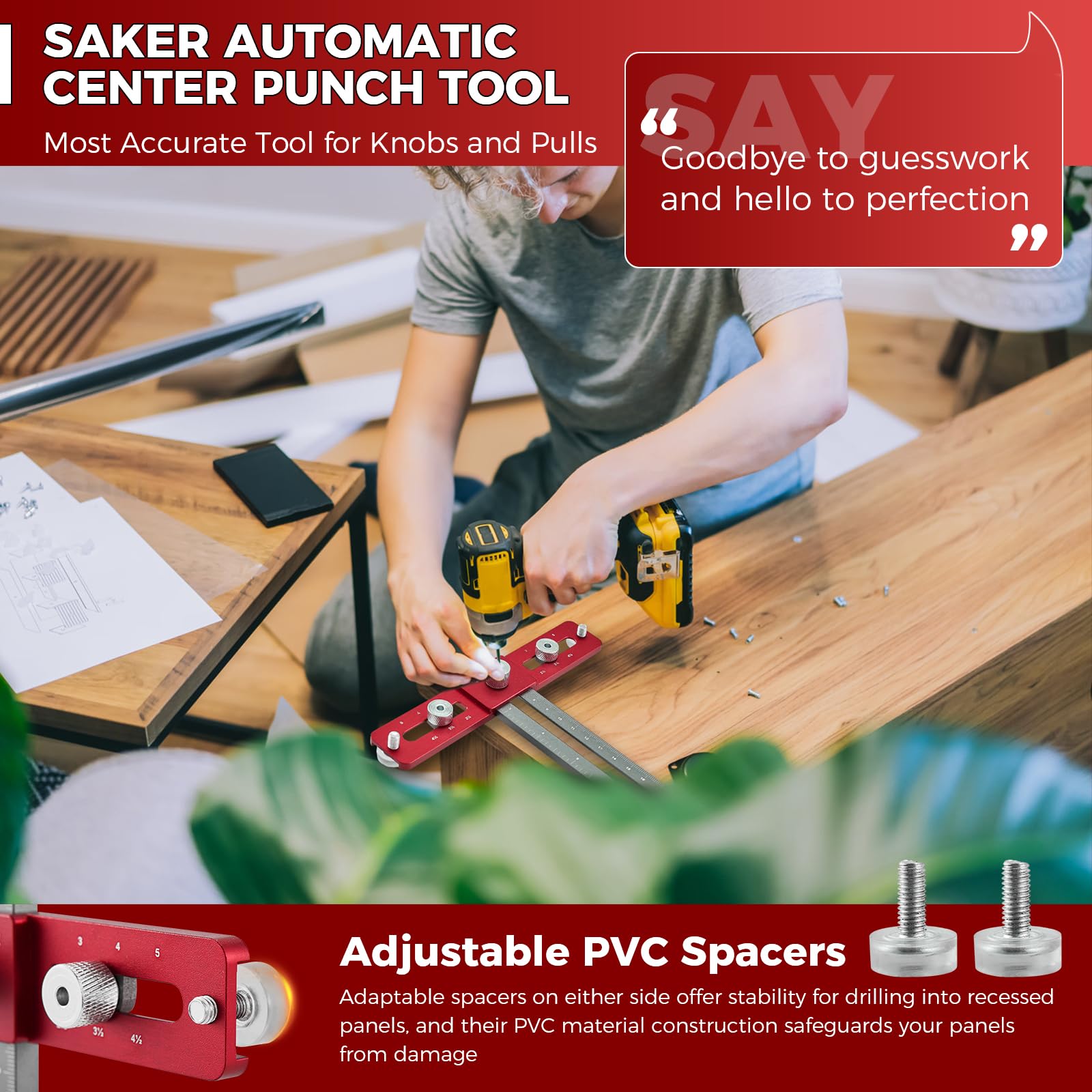 Saker Cabinet Hardware Doweling Jig,Adjustable Cabinet Template Tool for Knobs,Handle and Pull,Self Centering Punch Locator Precise Woodworking Drill Guide for Drawer Installation