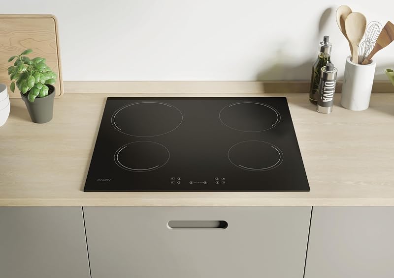 - Plaque de Cuisson Vitrocéramique - 4 Zones de Cuisson, Puissance Réglable, Détection Automatique de Zone, Commandes Groupées - 6500 W - Installation à Fleur, Bords Droits - 59 x 52 x 4,5 cm