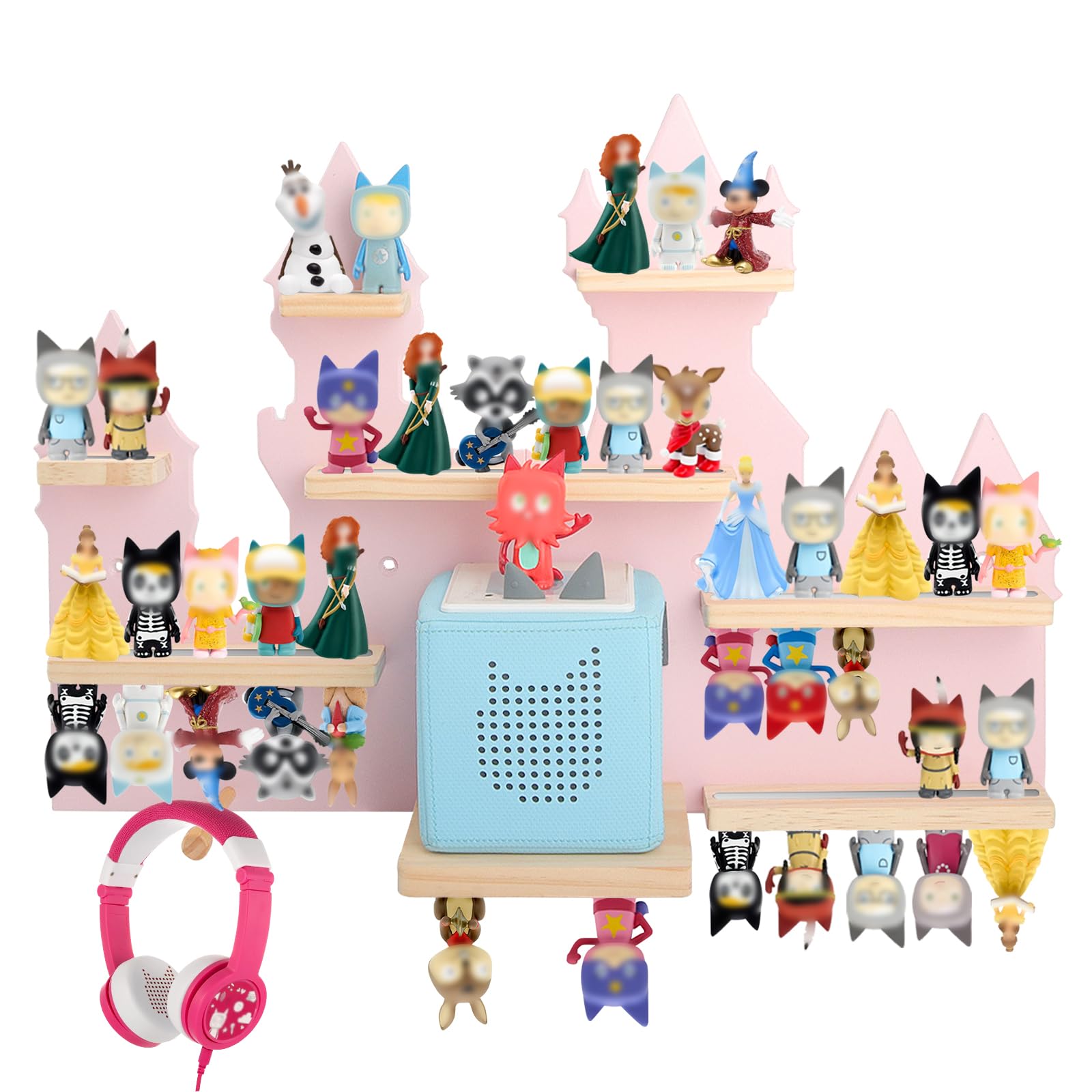 Photo 1 of for Toniebox 2 and Toniebox 1 Tonie Shelf Wall Mounted Set,Tonies Figures Tonies Storage,Magnetic Wooden Floating Shelves Compatible with Tonie box Player Character for Children Room (pink-castles)