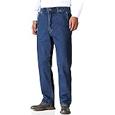 Soojun Mens Elastic Waist Jeans Relaxed Fit with Zipper and Button
