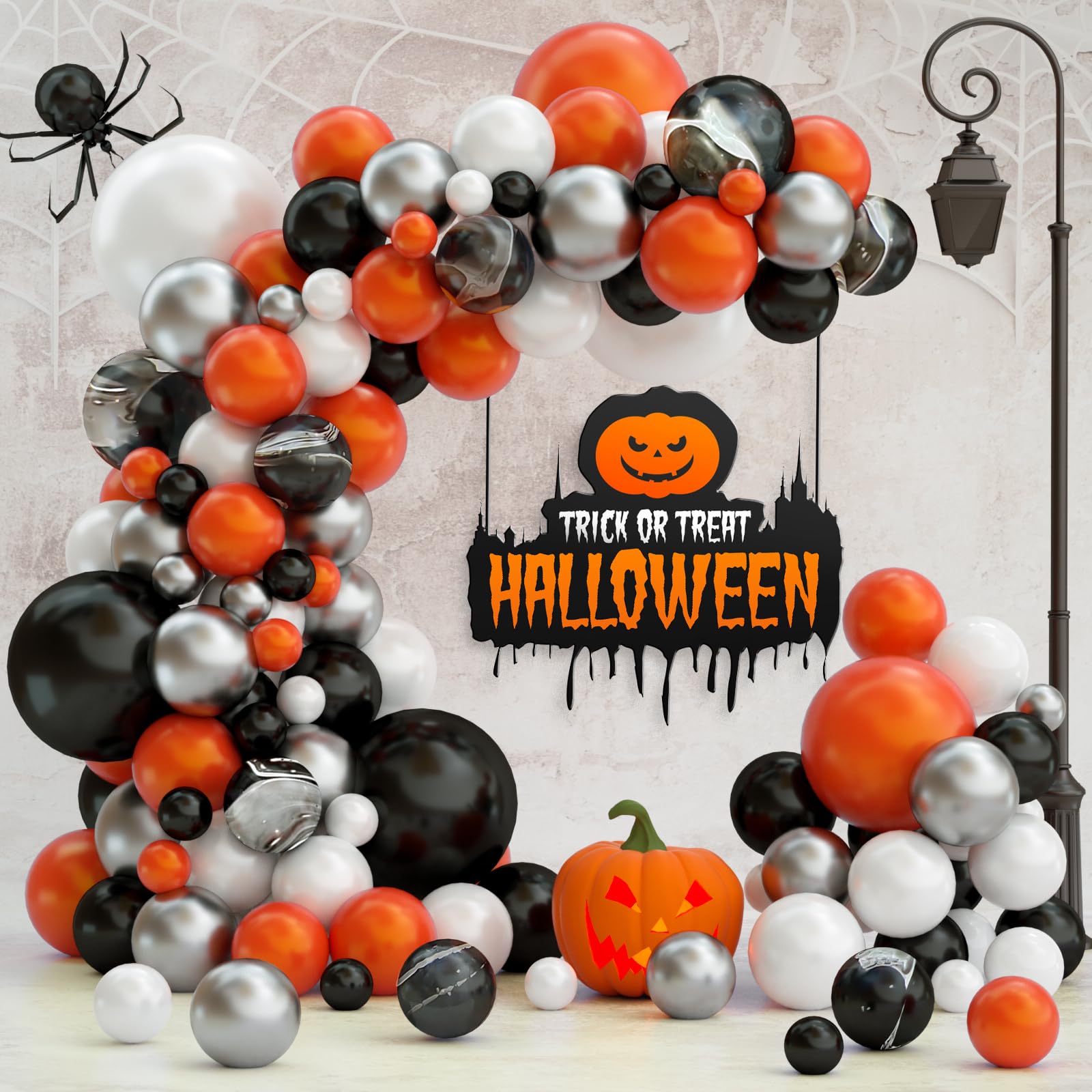 Photo 1 of Halloween Balloon Garland, 120pcs Black Orange Balloons and Black Agate Balloons for Halloween Theme Party