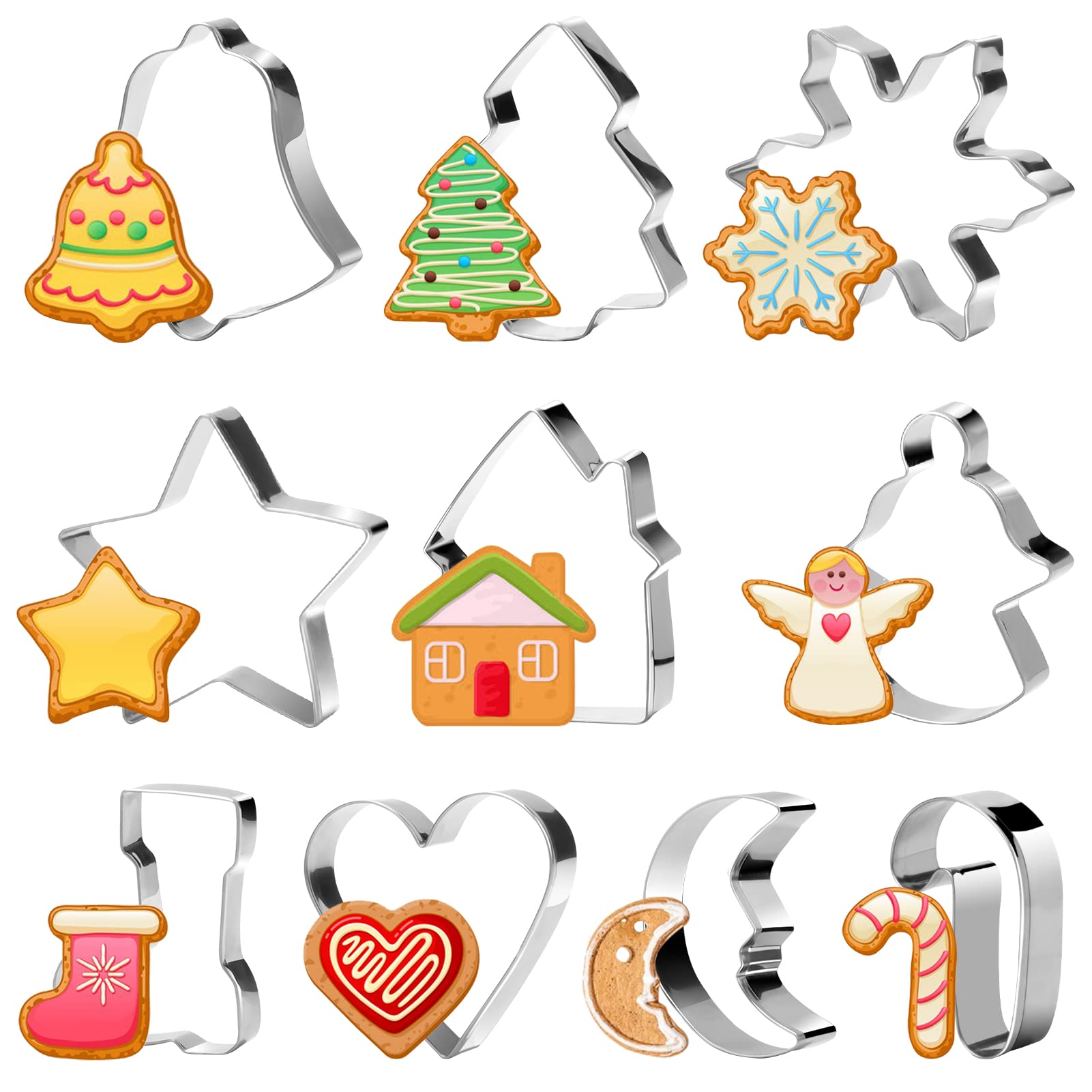 10 Pieces Christmas Cookie Cutters Set Xmas Biscuit Cutters Shapes of Christmas Tree, Star, Bell, Elk, Snowflake & More for Fondant Cookie DIY Baking