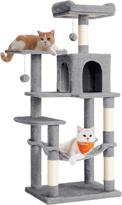 Árvore para gatos, altura 143 cm, torre para gatos, com 4 arranhadores, 2 plataformas, 1 gruta, 1 rede, 2 pompons, tecido felpudo, multinível, cinzento claro PCT161W01