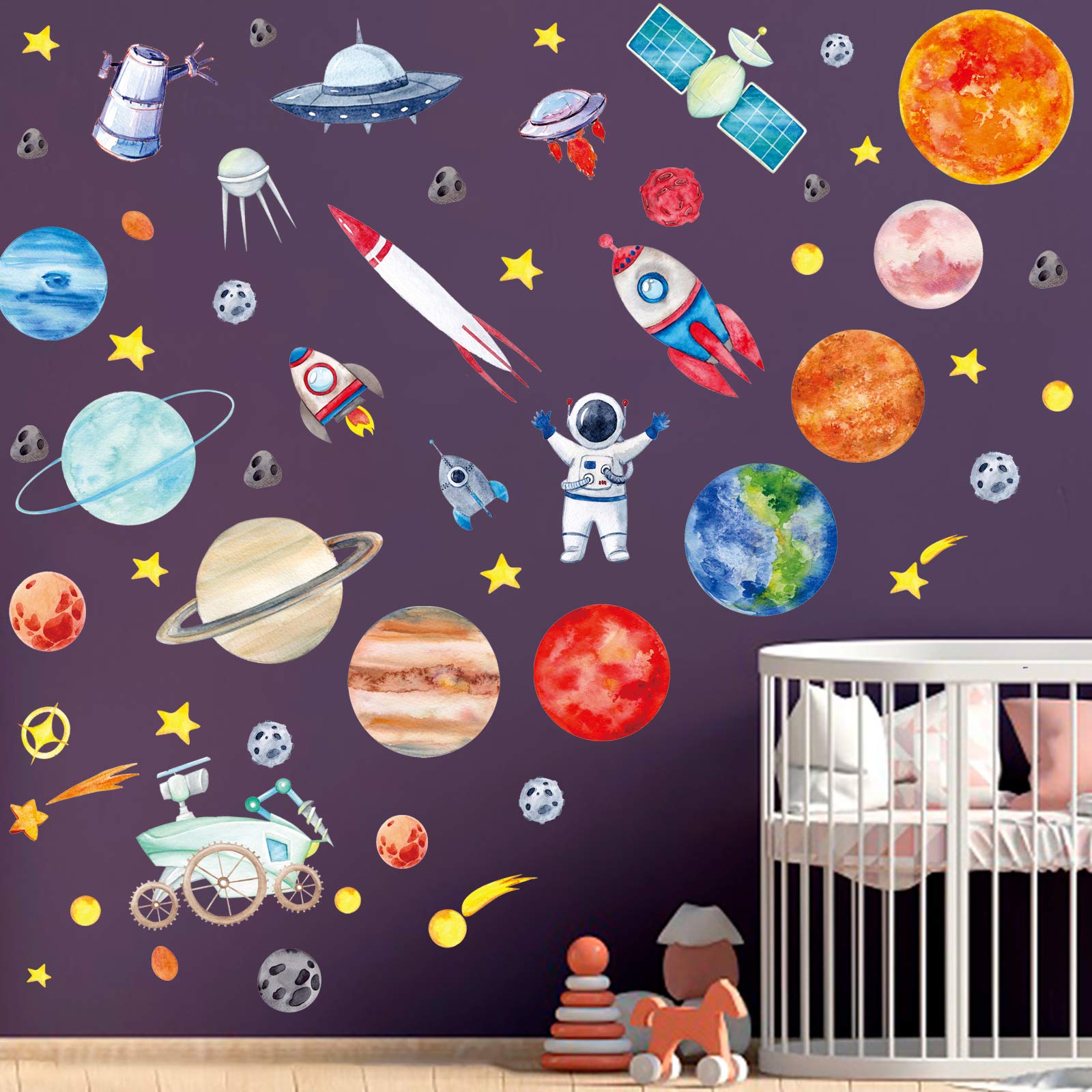 7 Sheets Outer Space Wall Stickers for Bedroom for Boys, Solar System Planets Wall Sticker Kids Wall Decals Astronaut Rocket Spacecraft Stickers Universe Spaceship Nursery Decoration