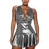 FEOYA Women Metallic Halter Mini Dress Sexy Deep V Neck Backless Clubwear Party Club Short Dresses Low Cut Dress