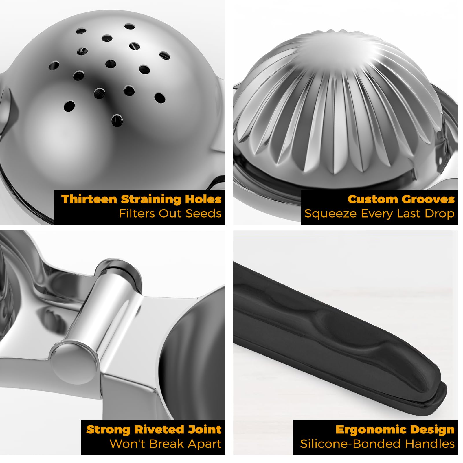 Stainless Steel Lemon Squeezer - Metal Citrus Juicer - Lime Lemon and Fruit Juicer with Silicone Handles - Large Manual Citrus Press Juicer - Hand Held Squeezer - Ergonomic Design with Solid