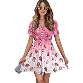 Biyejit Women's Short Sleeved V-Neck Summer Dress Elastic Waist Swing Beach Dresses Aline Flowy Sundress for Daily Wear