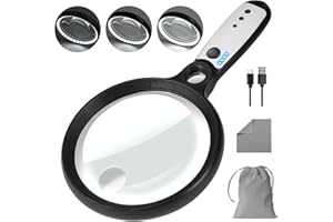 GABORISH Large Magnifying Glass with 37 LED Light, 10X 20X 45X Handheld Illuminated Lighted Magnifier with 3 Light Modes Rechargeable Magnifying Glass for Seniors Reading, Inspection (Black & White)