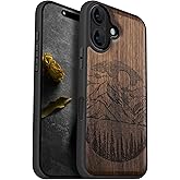 Carveit Magnetic Wooden Case for iPhone 16 Case, Wood Artisan Engraved & Black Soft TPU Shockproof Cover, Compatible with MagSafe Wireless Chargers (Alpine Lakes) Walnut