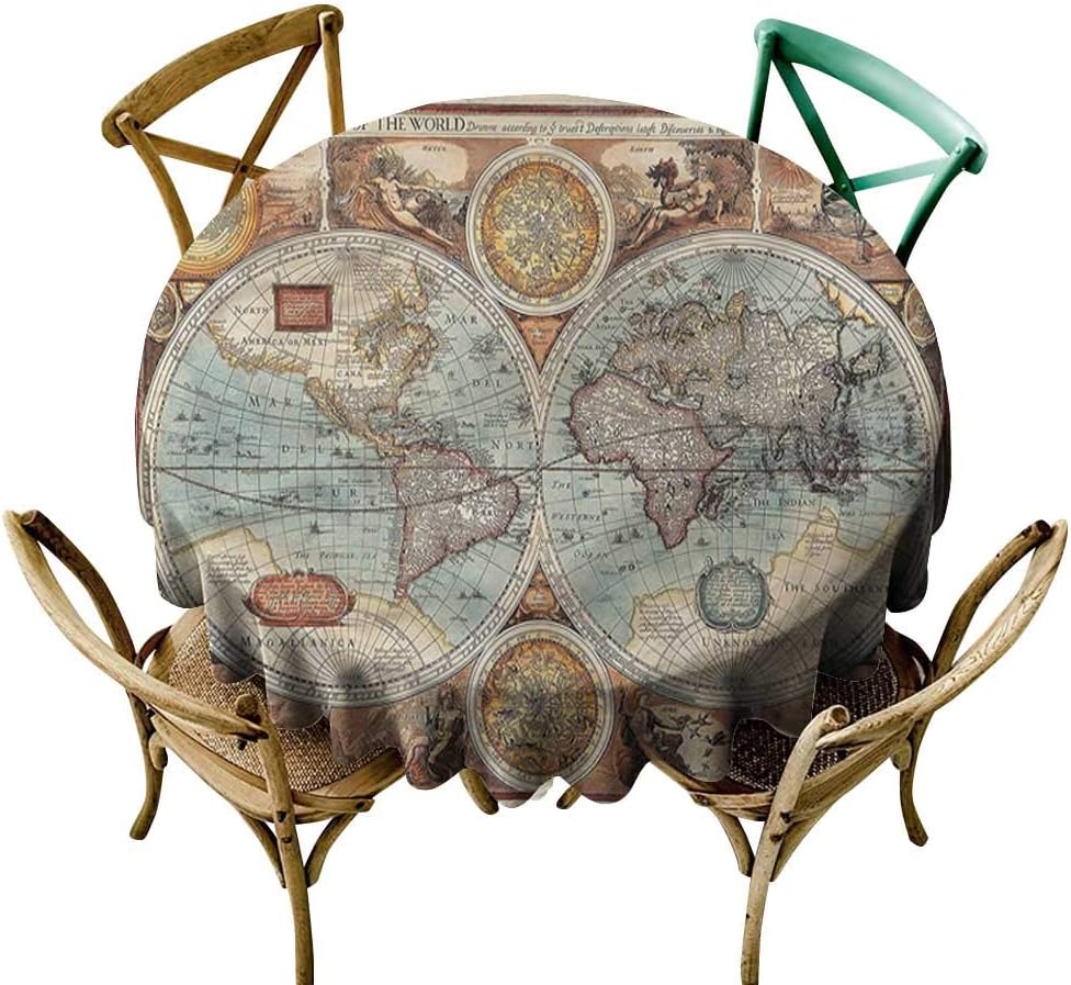 Luunins Round Tablecloth Vinyl Vintage,World Map Geography