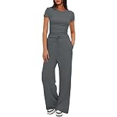 Nimsruc Women's 2 Piece Lounge Sets For Women Summer 2025 Ruched Short Sleeve Tops Wide Leg Pant Sets Tracksuit