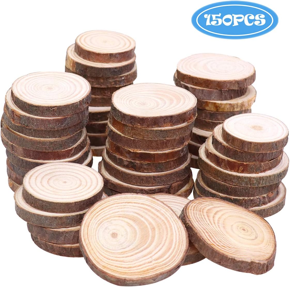 Heatoe 150 Pcs Natural Wood Rounds Slices Unfinished Wood Craft Kit Wooden Circle Slices for Wood Arts Christmas Party Decoration Ornaments DIY Crafts