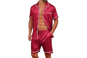 AGSEEM Mens Satin Silk Pajamas Sets Short Sleeve Button-Down Sleepwear Pjs Set Two Piece Loungewear with Pockets