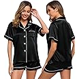 SWOMOG Womens Silk Satin Pajamas Set Short Sleeve Sleepwear Button Down Top and Shorts Loungewear 2 Piece Pjs Set XS-3XL