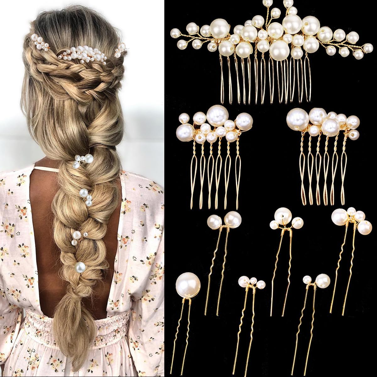 Photo 1 of 9PCS Gold Wedding Bridal Hair Combs Pearl Hair Pins Clips Vintage Hair Headpiece Jewelry for Bridesmaids Brides Flower Girls Hair Accessories