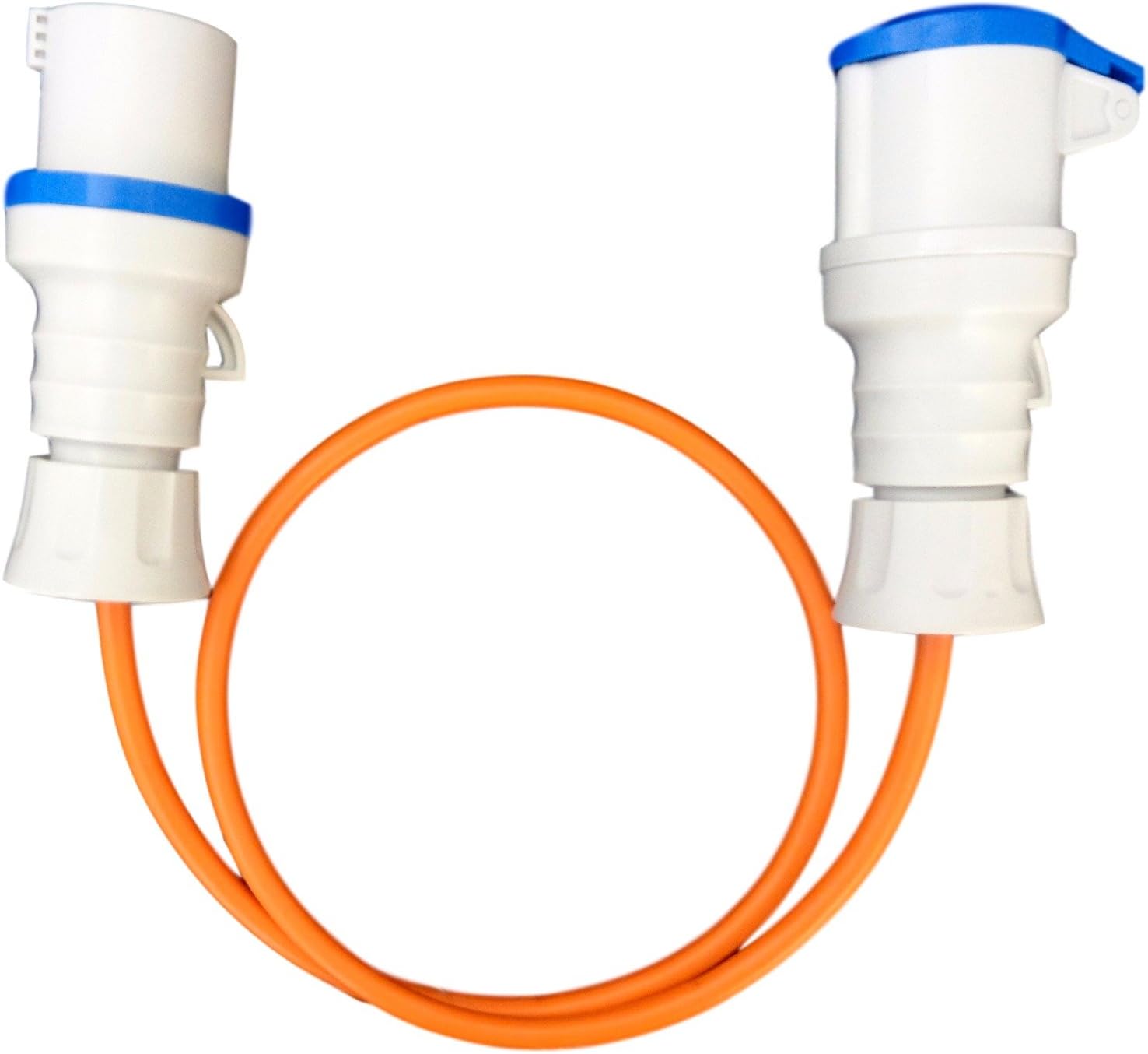 1 Metre Orange Caravan Hook Up/Extension Cable 2.5mm Cable (230/240V) with 32 Amp Blue Plug & 32 Amp Blue - Professionally assembled by MCD Electrical