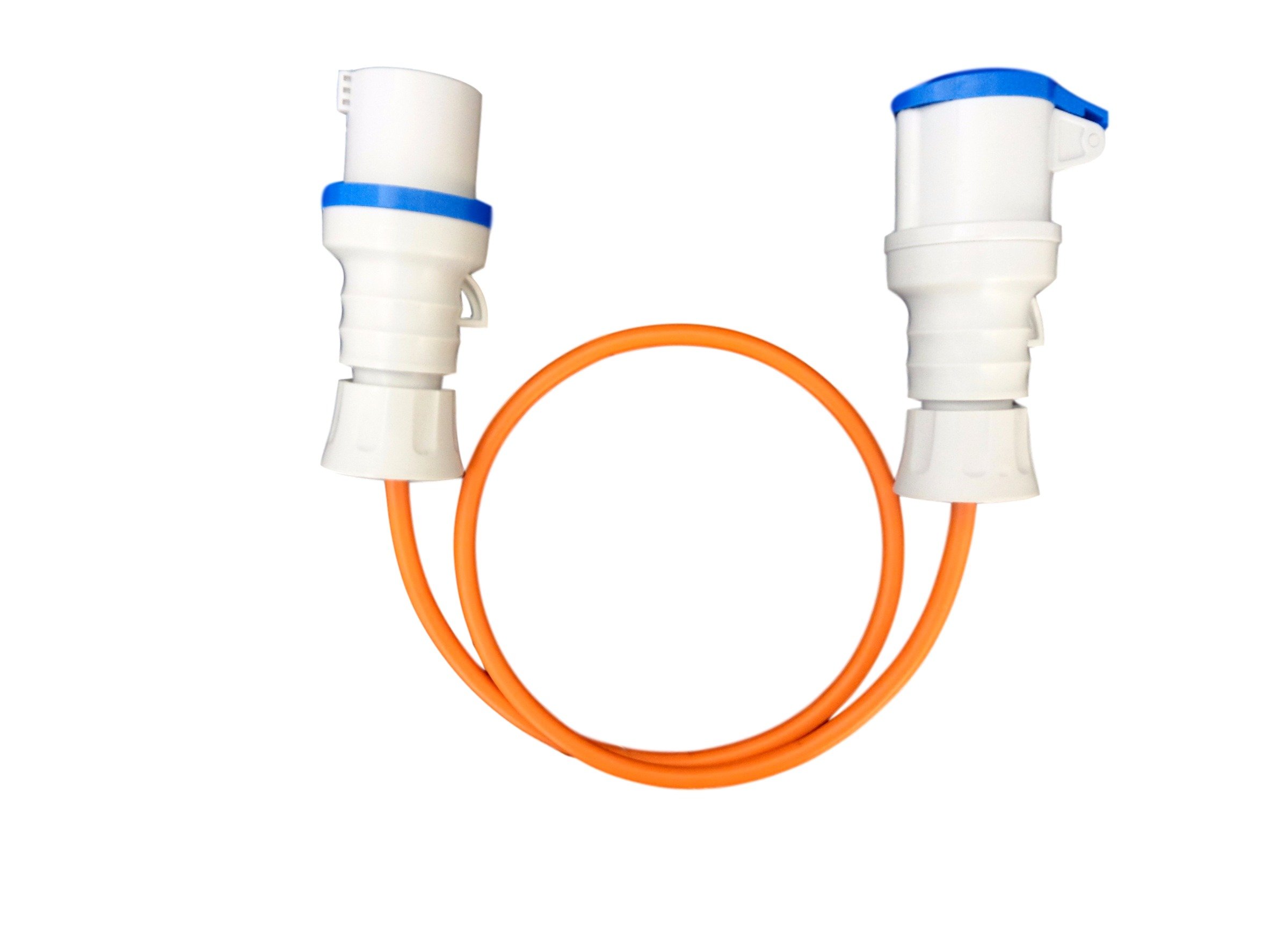 1 Metre Orange Caravan Hook Up/Extension Cable 2.5mm Cable (230/240V) with 32 Amp Blue Plug & 32 Amp Blue - Professionally assembled by MCD Electrical