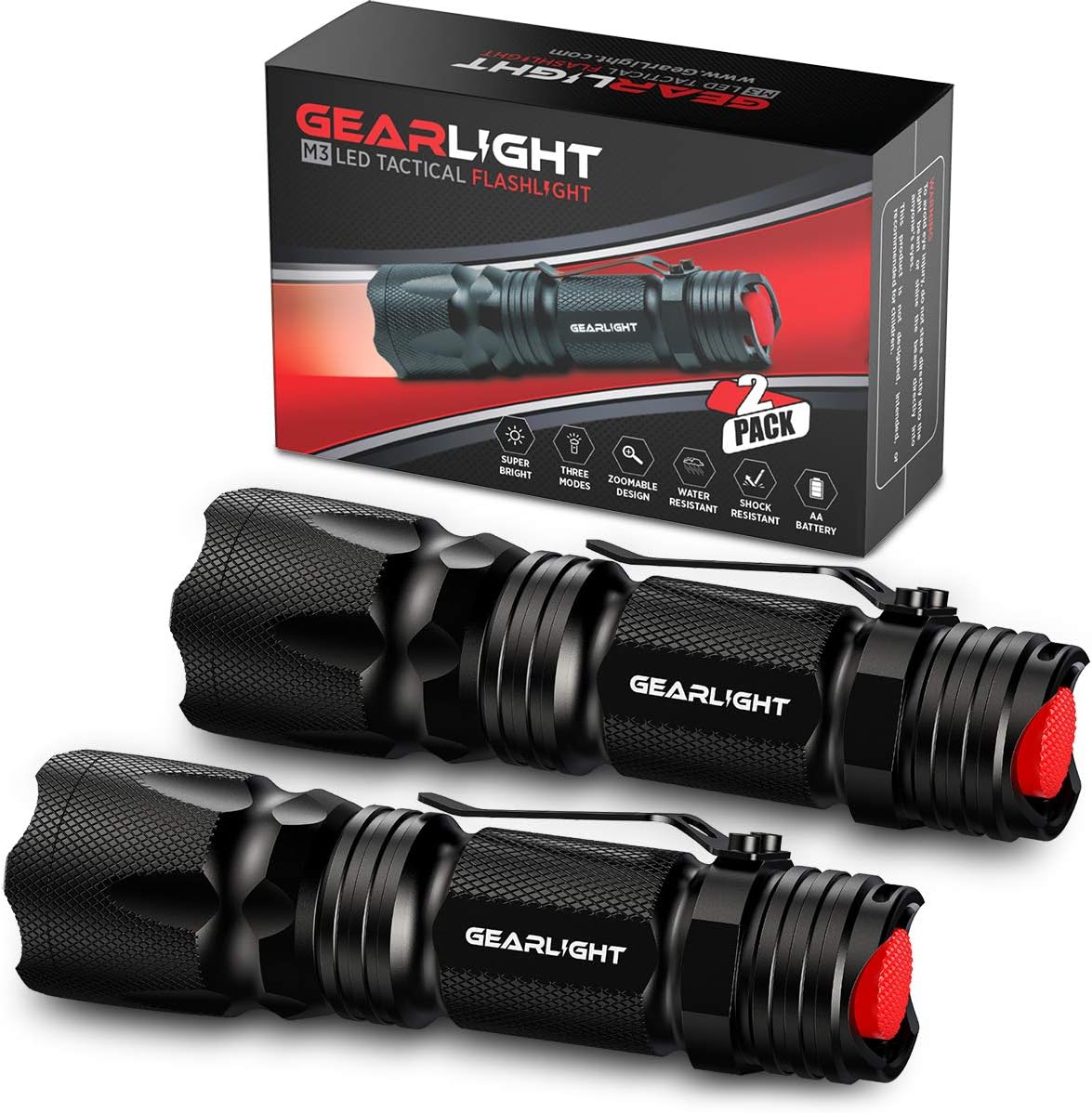 GearLight M3 LED Tactical Flashlight [2 PACK] with Belt Clip, Batteries Included - Zoomable, 3 Modes, Water Resistant, Small Mini Light - Best Everyday Carry Flashlights: Sports & Outdoors