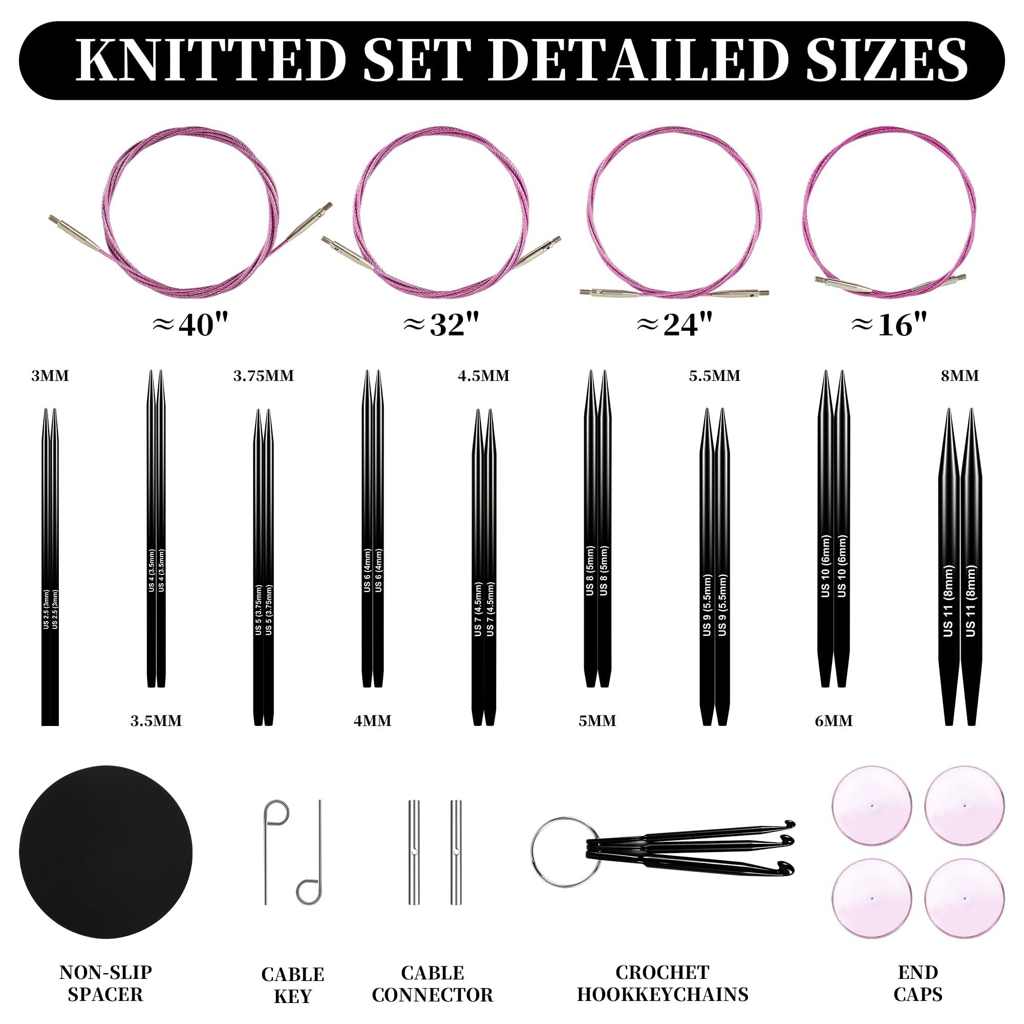 Froggod 4.53-inch (11.5cm) Interchangeable Circular Knitting Needles Set Aluminum US Sizes 2.5, 4, 5, 6, 7, 8, 9, 10, 11 with Interchangeable Knitting Needles and Cables, Accessories and Case, 9 Pairs