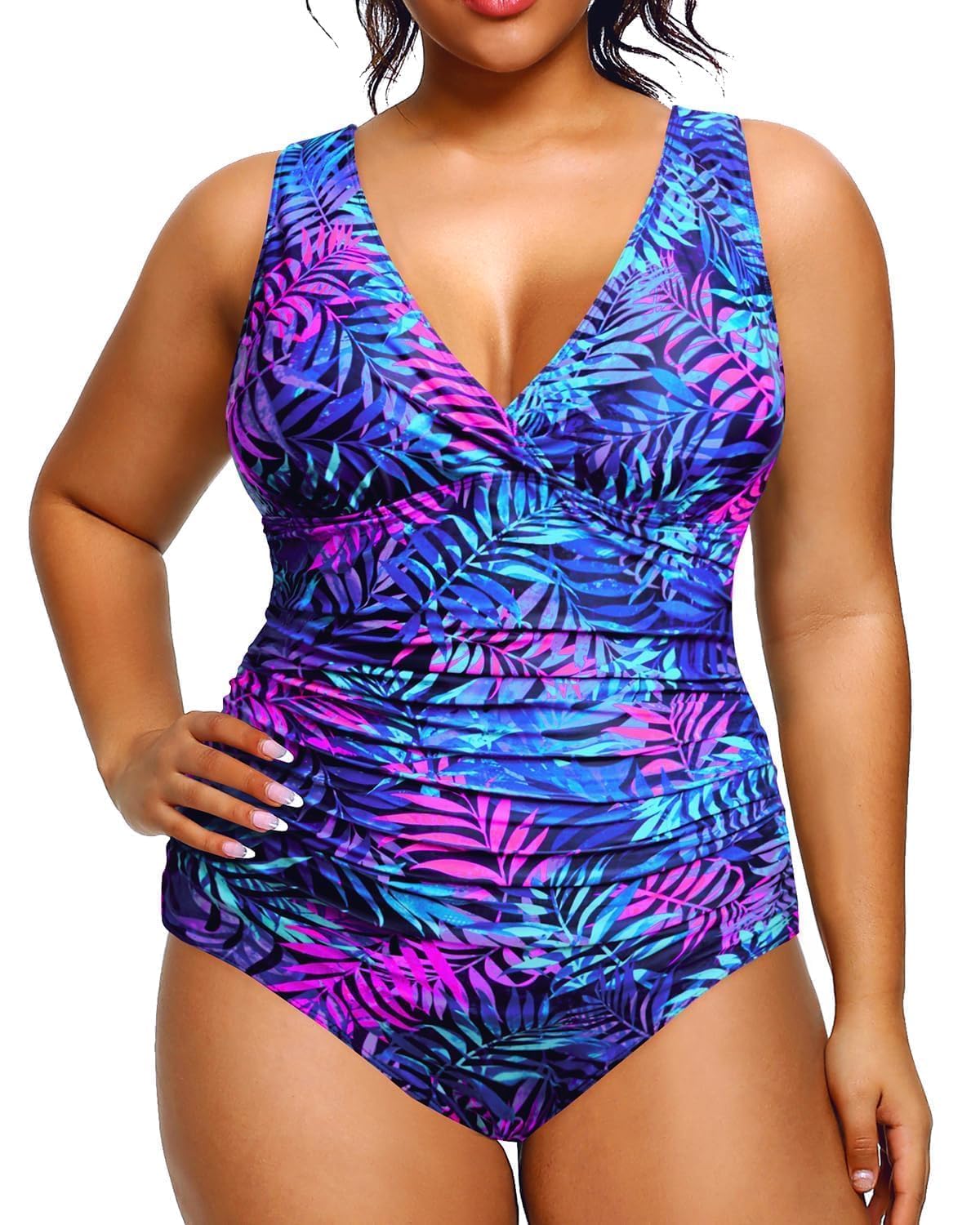 Photo 1 of (16W) (BAGGED) Aqua Eve Women Plus Size One Piece Swimsuits Tummy Control Bathing Suits V Neck Ruched Swimwear Blue Purple Tropical Leaves 16W