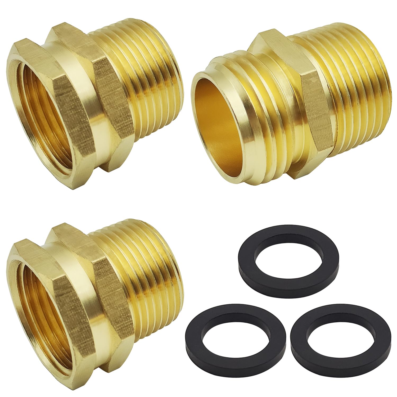 3 Pack Brass Garden Hose Adapter, 2 Pack 3/4" GHT Female to NPT Male Connector + 1 Pcs GHT to NPT Connector, with Extra 3 Washers, Solid Brass Garden Hose Fittings Connect